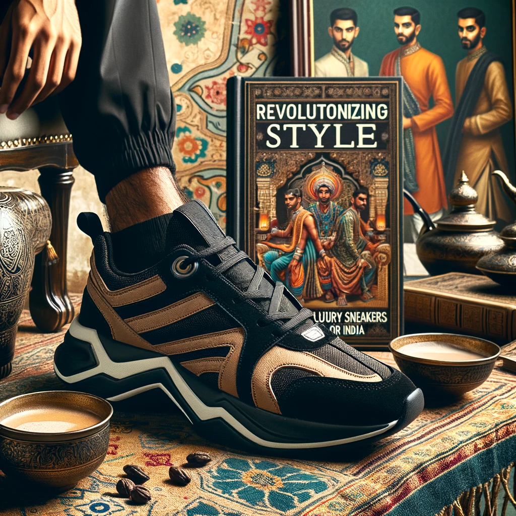 Elegant fusion of traditional Indian motifs and modern luxury sneakers, symbolizing the blend of Indian and Western fashion trends in luxury footwear for men.