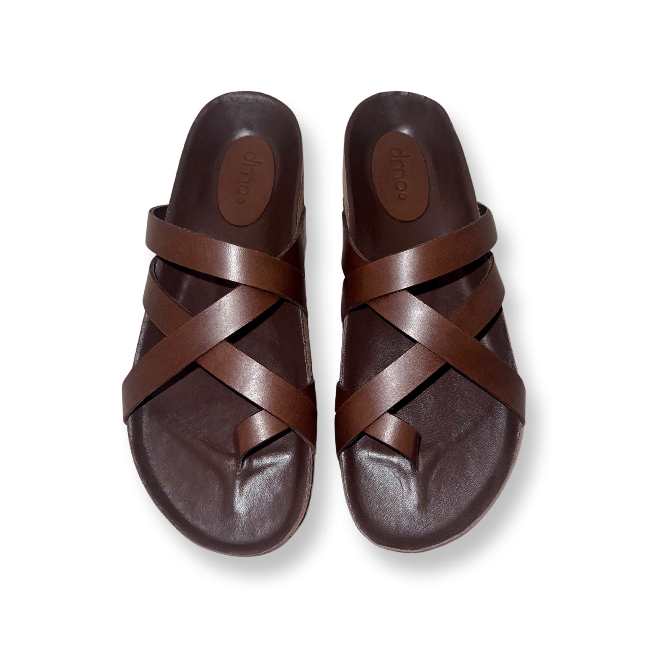 Close-up view of Pelle Corko Espresso dark brown leather cork sandals by dmodot