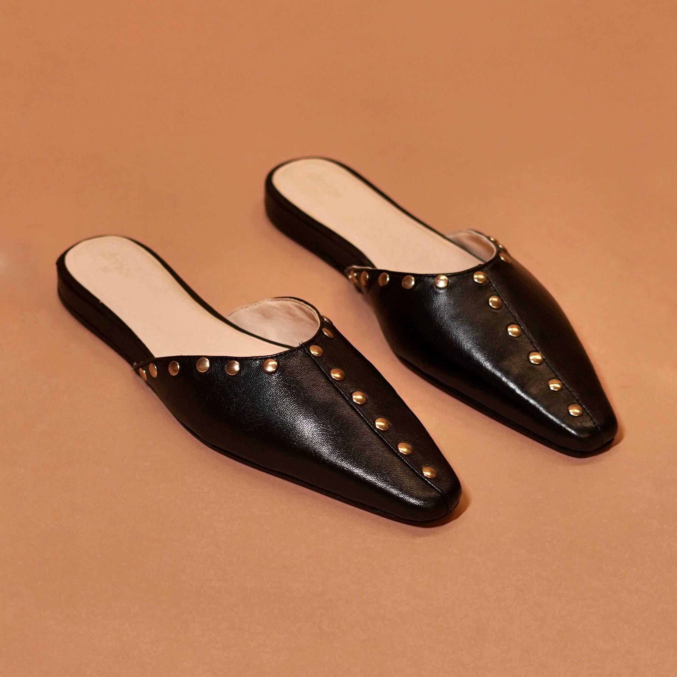 Riva Mira – Black Square-Toe Rivet Mules for Women