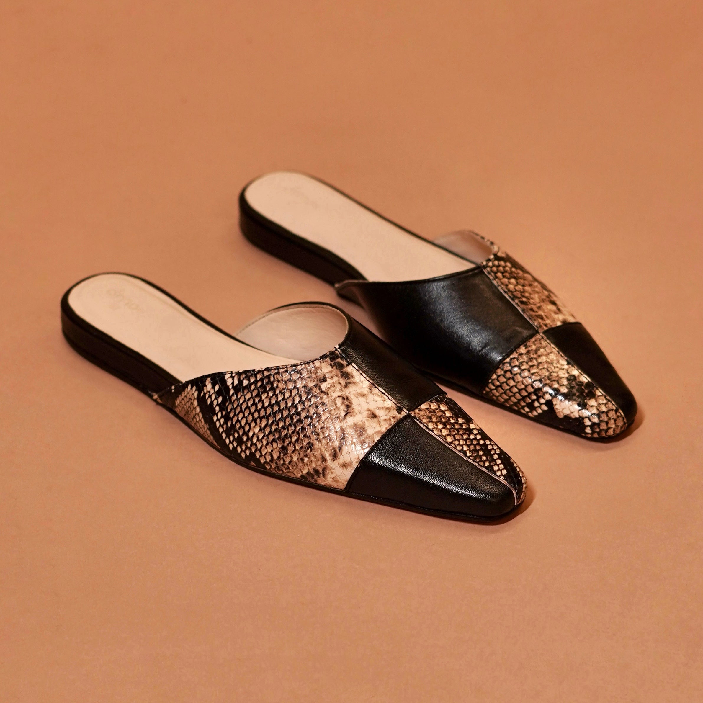 Reva Zena – Black Snake Print Mules for Women