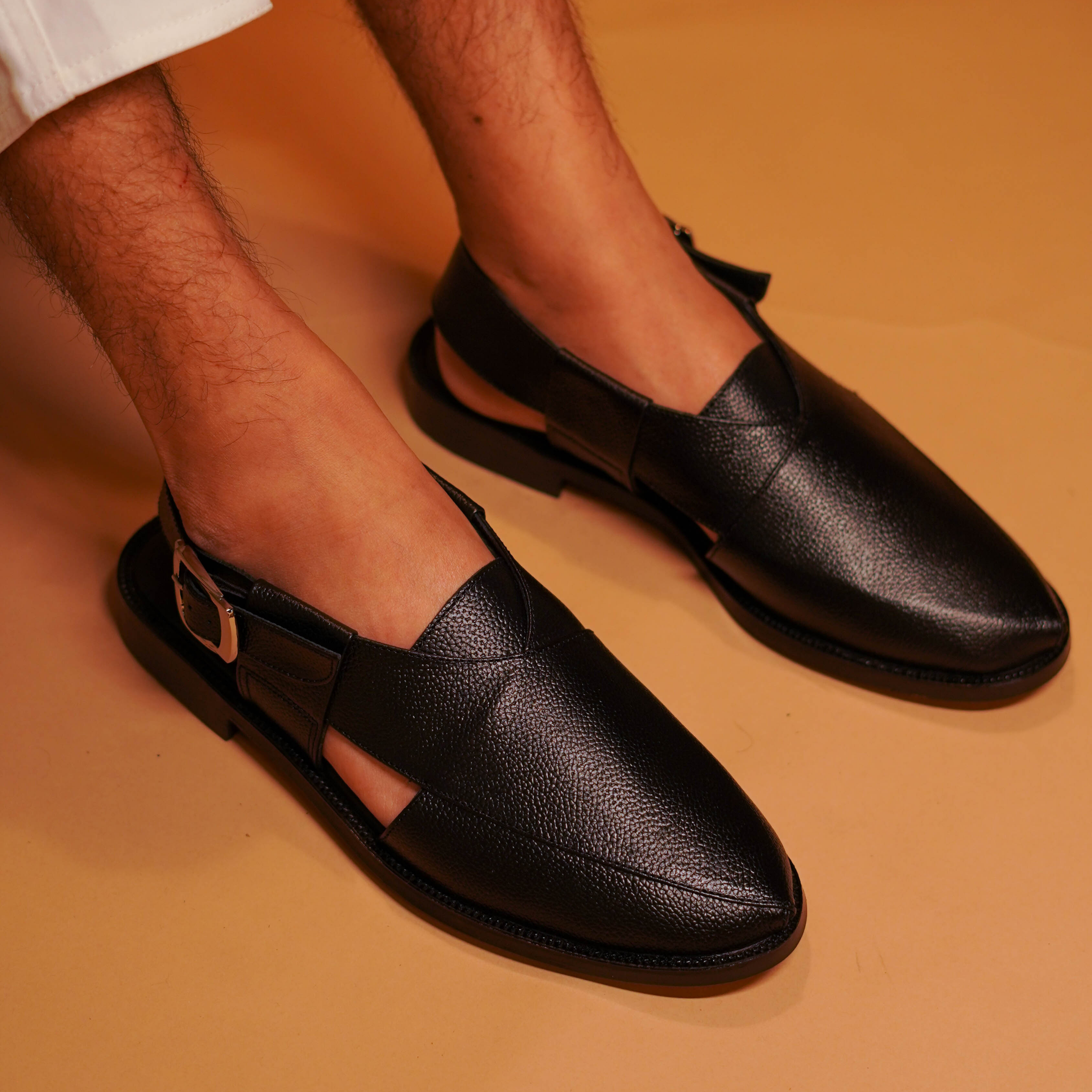 Pesha Noir Classic black muted peshawari sandals - Main Image