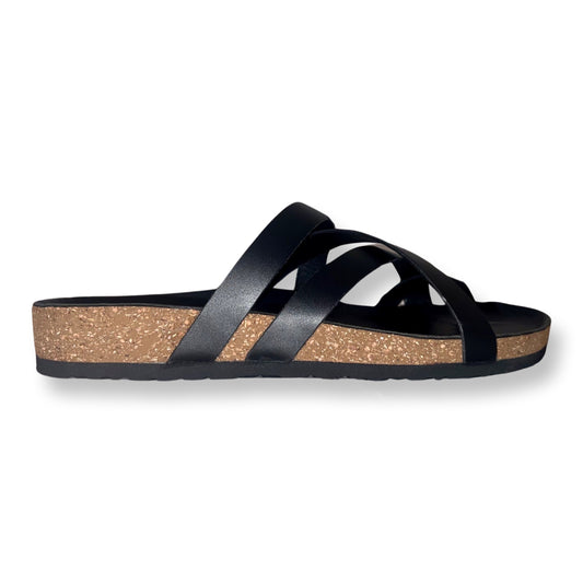 Side view of Pelle Corko Americano, highlighting the adaptive cork sole and elegant leather straps.