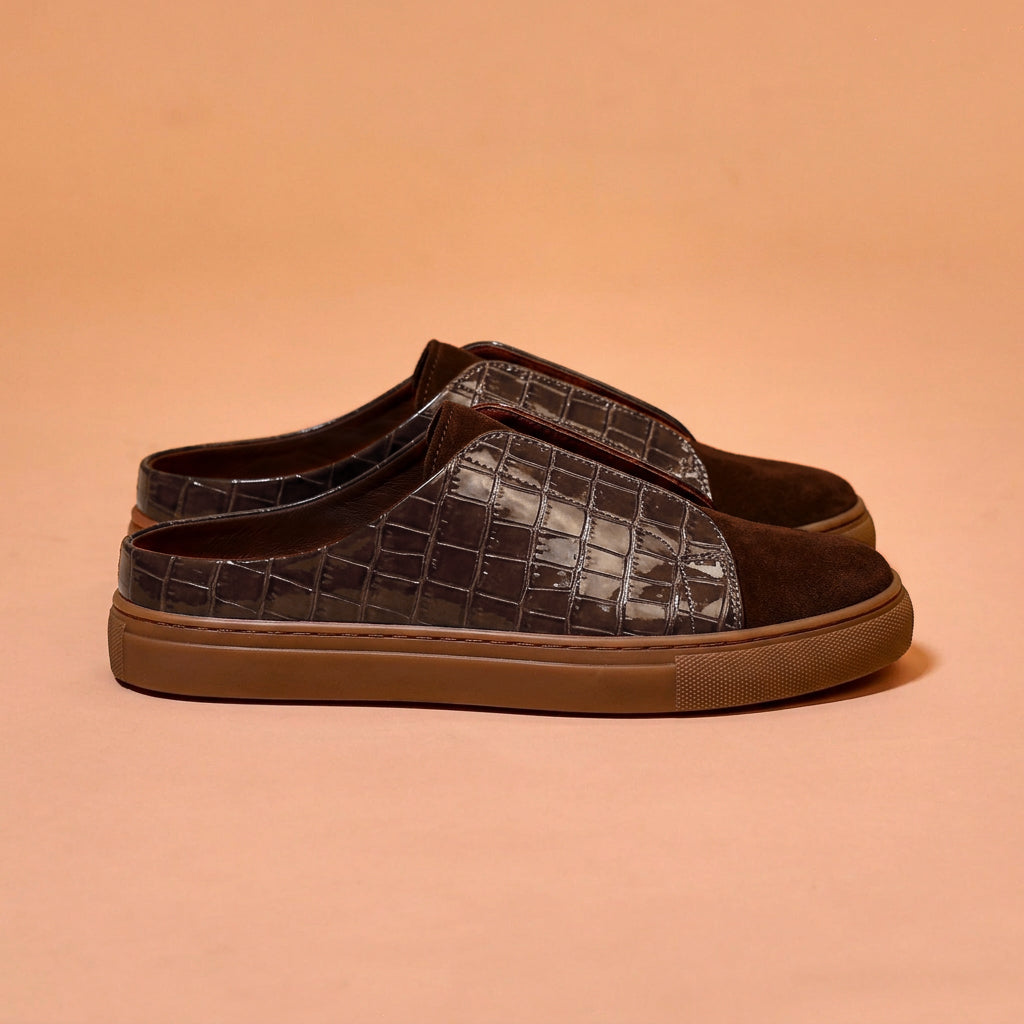 Dark brown crocodile embossed leather mule shoes