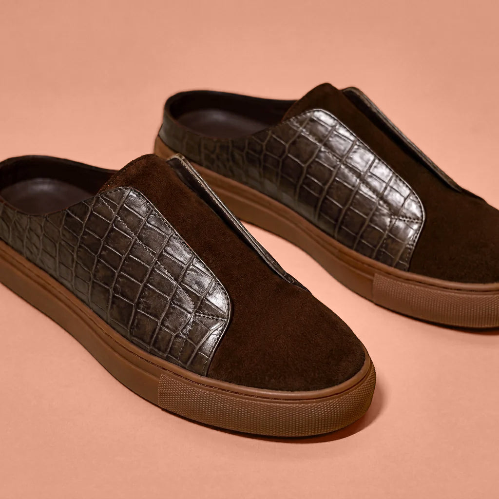 Bruno Croco – Dark Brown Patent Croc & Suede Sneaker Mule for Men