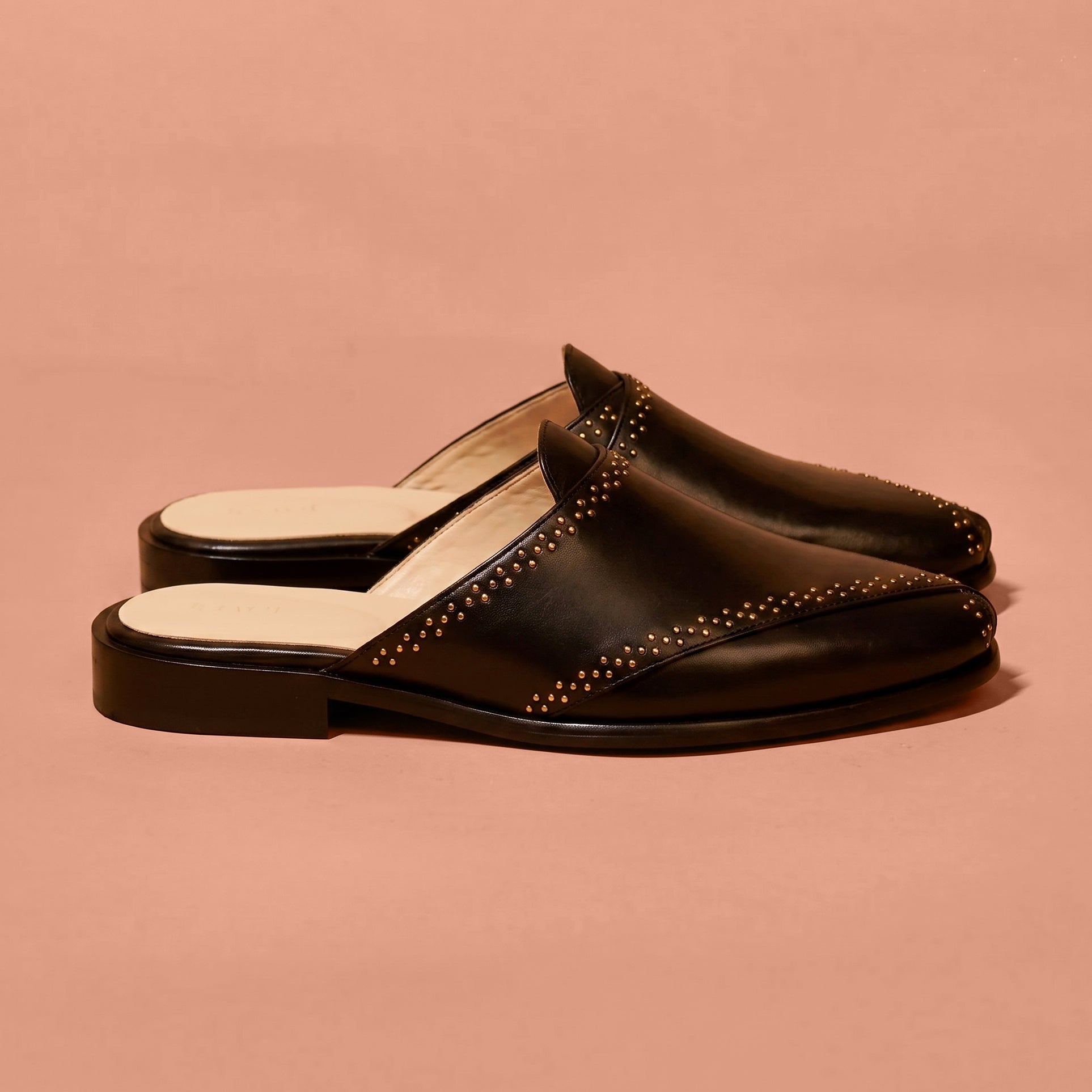 Hoffler Pesha Nero black genuine leather Peshawari mule with golden rivet detailing