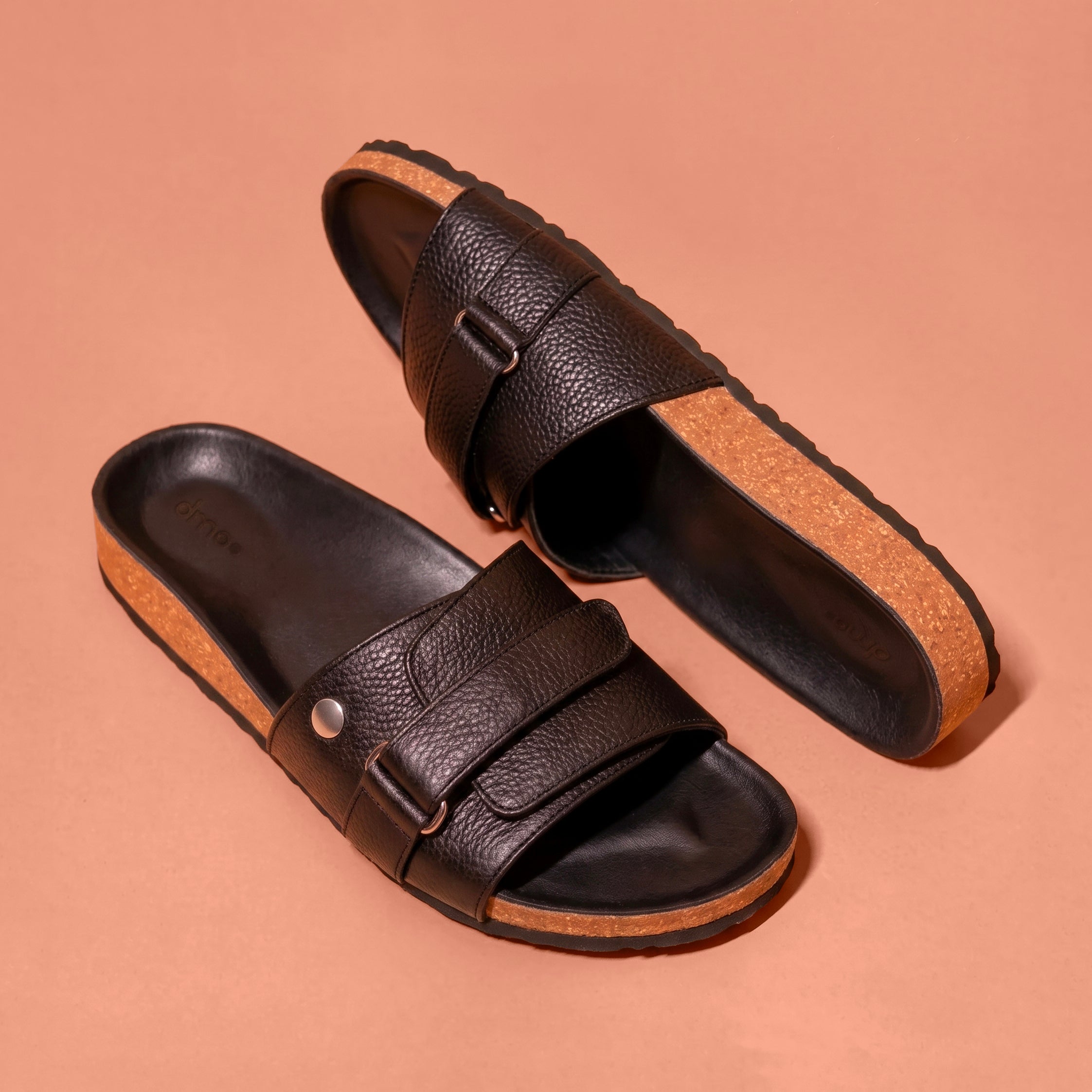 Corko Nero Scuro black leather slide sandal for men with cork footbed