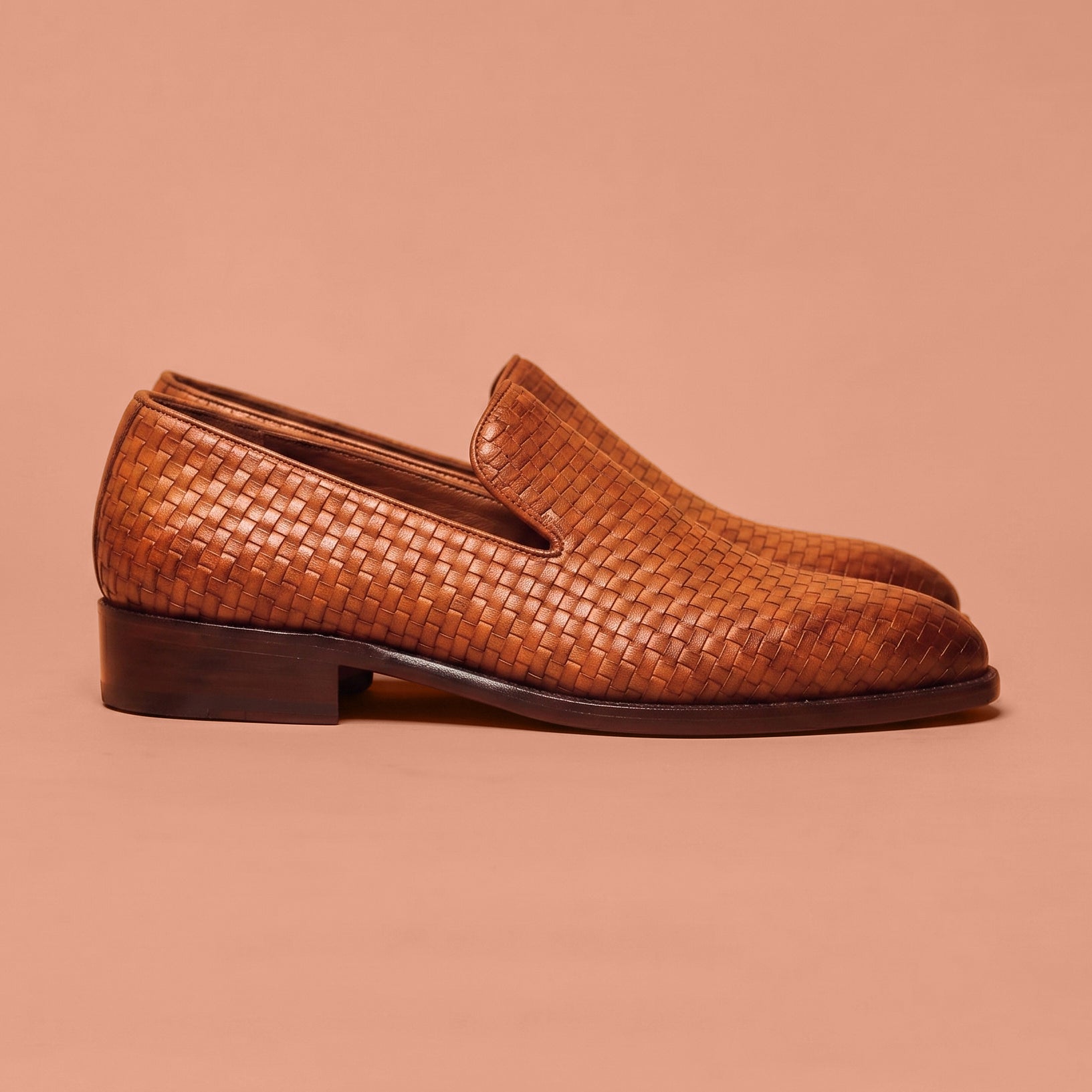 Tan handwoven leather loafer with Blake stitching