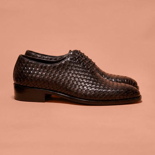 Black handwoven leather Oxford shoe
