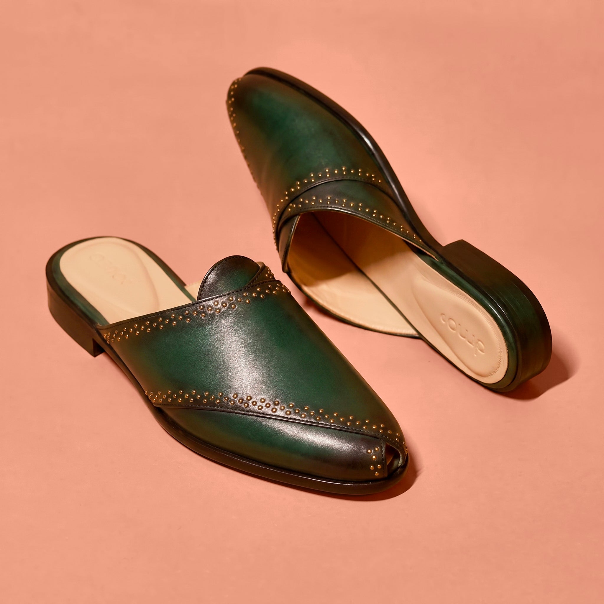 Hoffler Verde Scuro dark green leather mule for men with golden studs