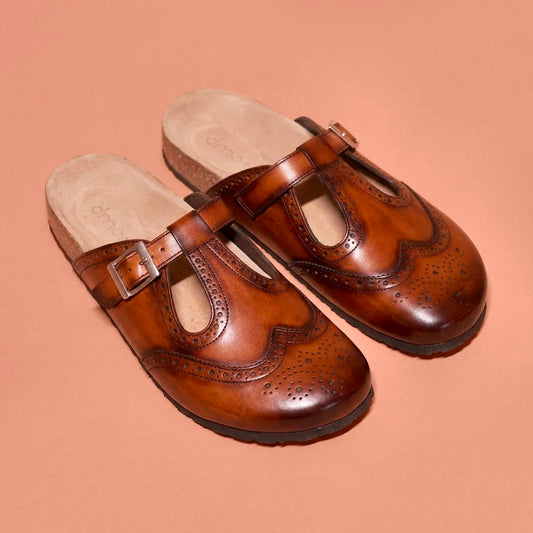 Corko Oxford Bruno brown leather cork clog for men styled with smart-casual outfits