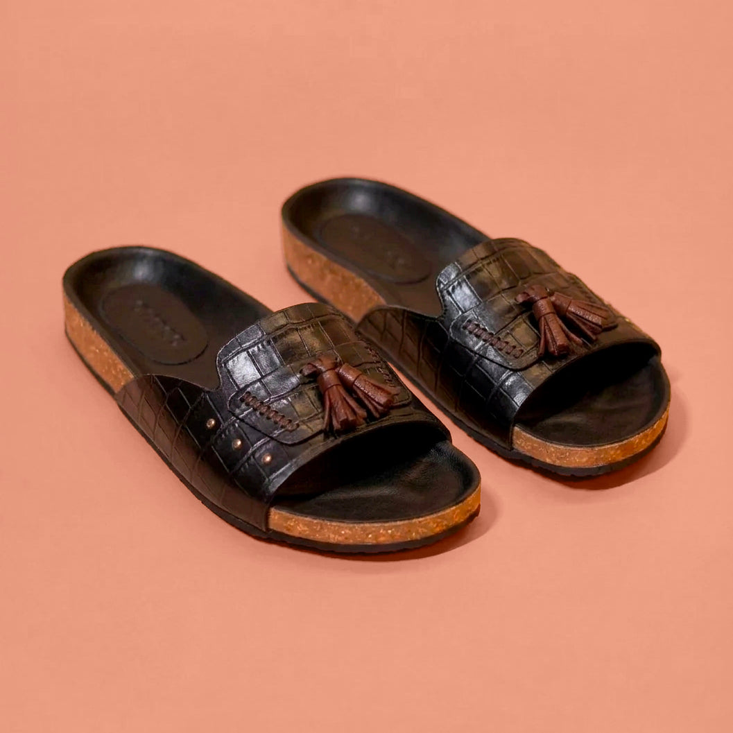 Corko Trama Classico – Croc Embossed Leather Cork Slide for Men
