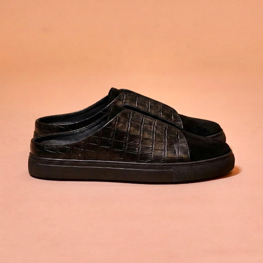 Black suede and croc textured mule shoes