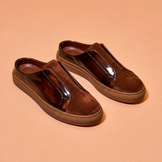 Dark brown brush-off leather sneaker mule for men