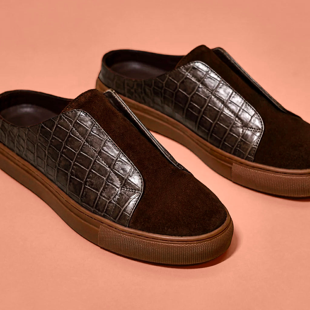 Bruno Croco – Dark Brown Patent Croc & Suede Sneaker Mule for Men