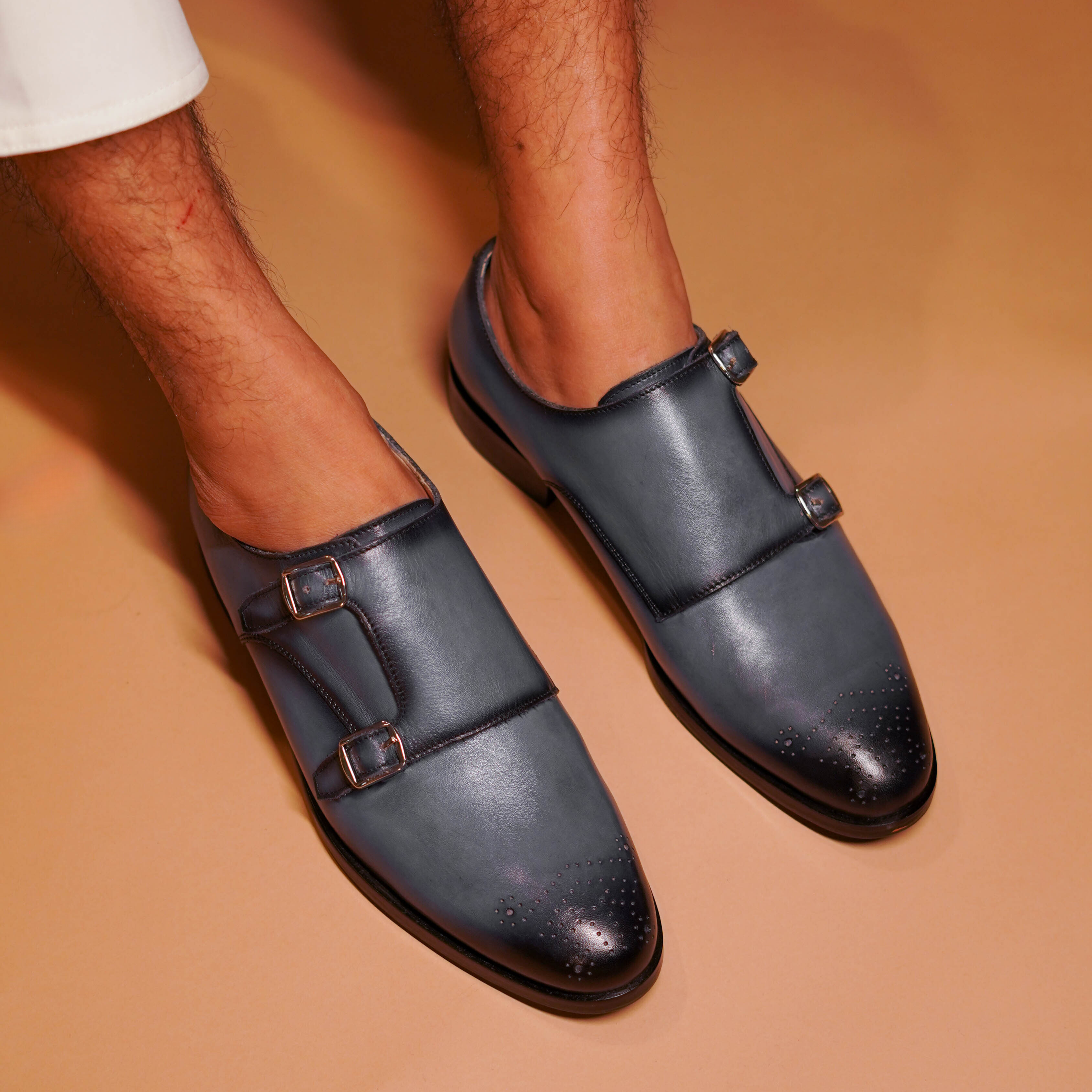 Azzurro | Handpainted blue patina finish dual tone double-monk-strap