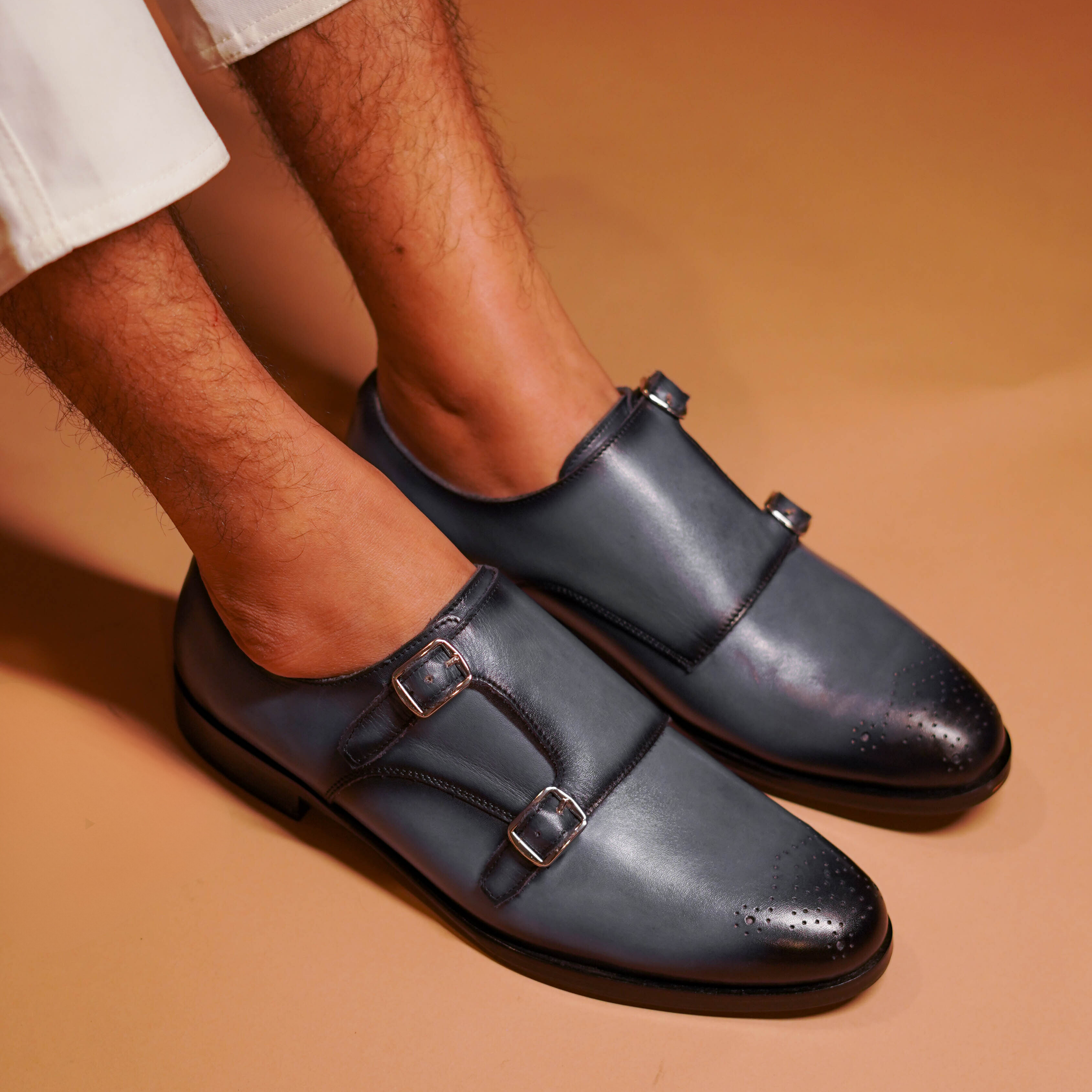 Azzurro | Handpainted blue patina finish dual tone double-monk-strap