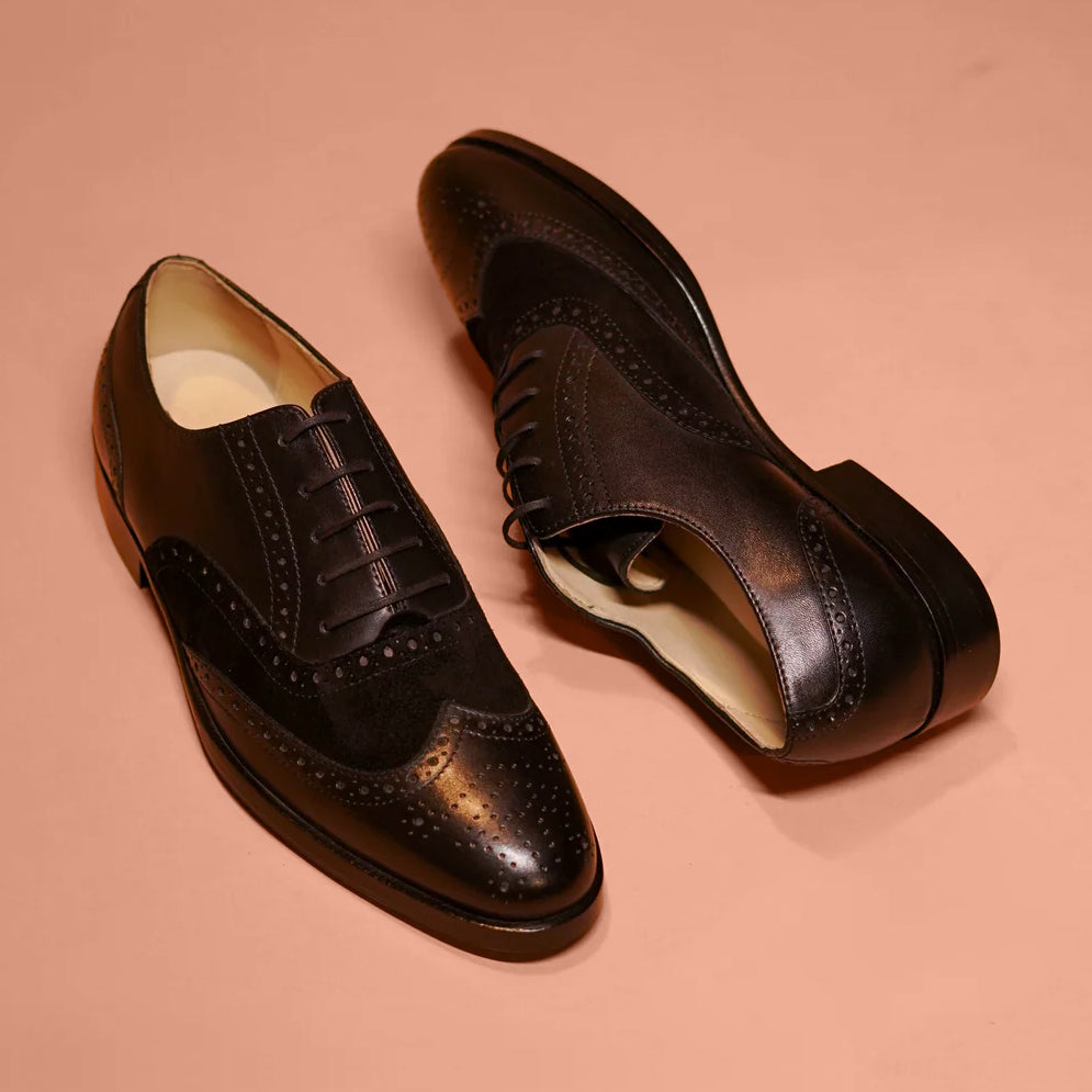 Caro Carbonio | Suede and Patent leather black brogues