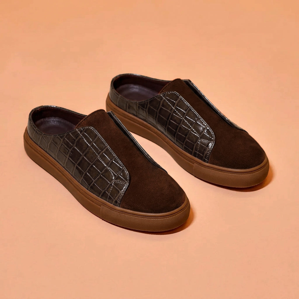Dark brown suede and patent croc sneaker mule for men