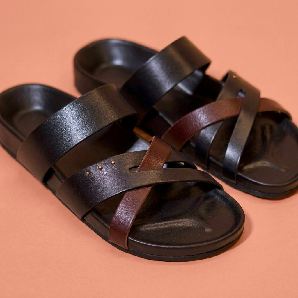 Corko Ombro Nero – Black & Brown Leather Cork Sandals for Men