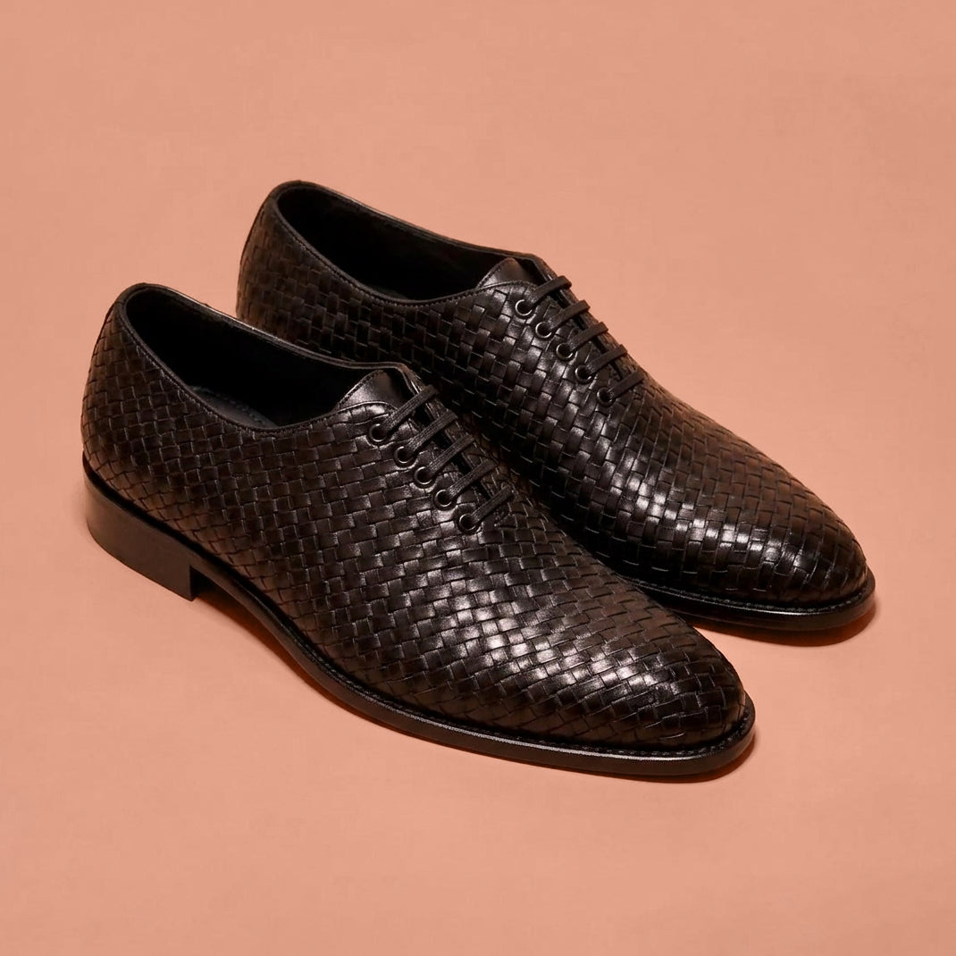 Men's black woven leather formal Oxford styled for formal wear