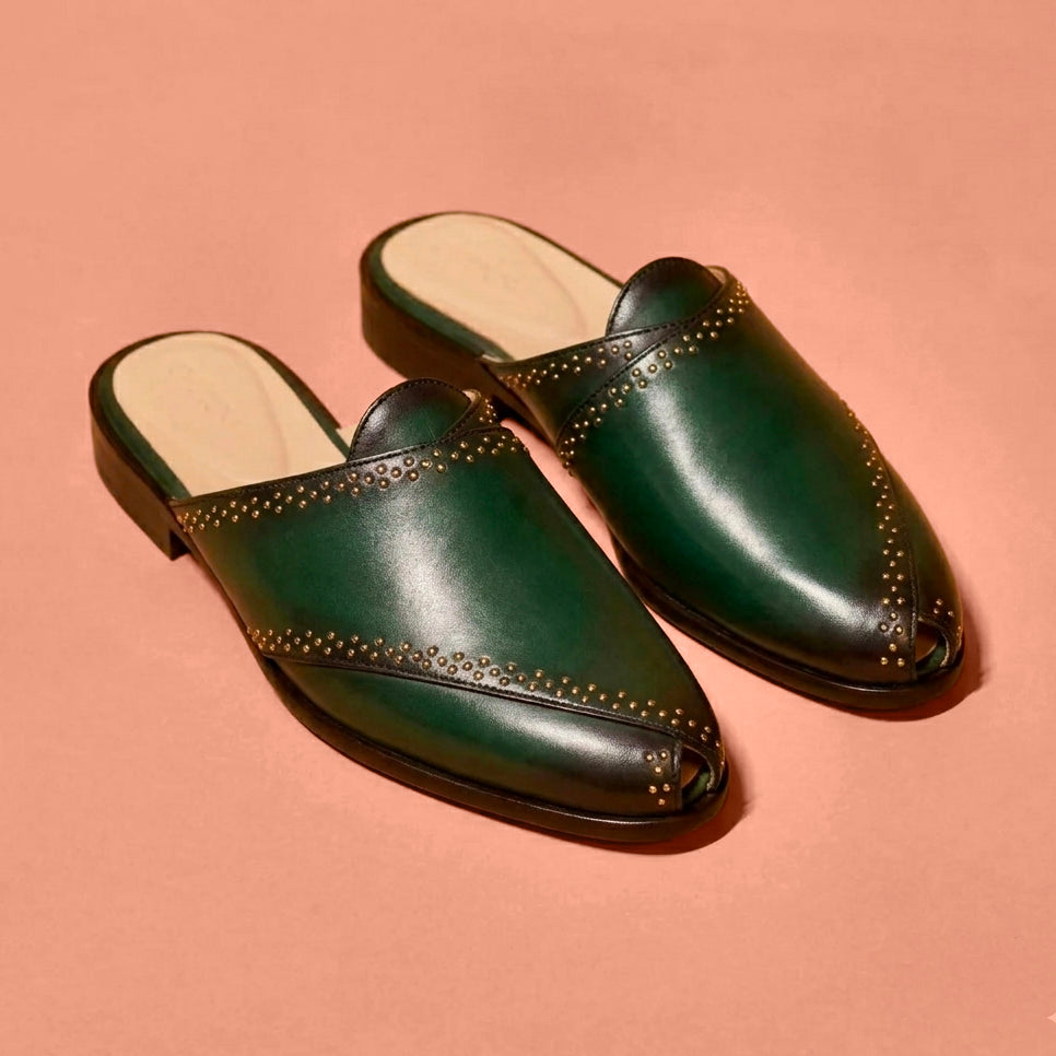 Hoffler Verde Scuro dark green leather mule for men styled with formal and Indo-western outfits