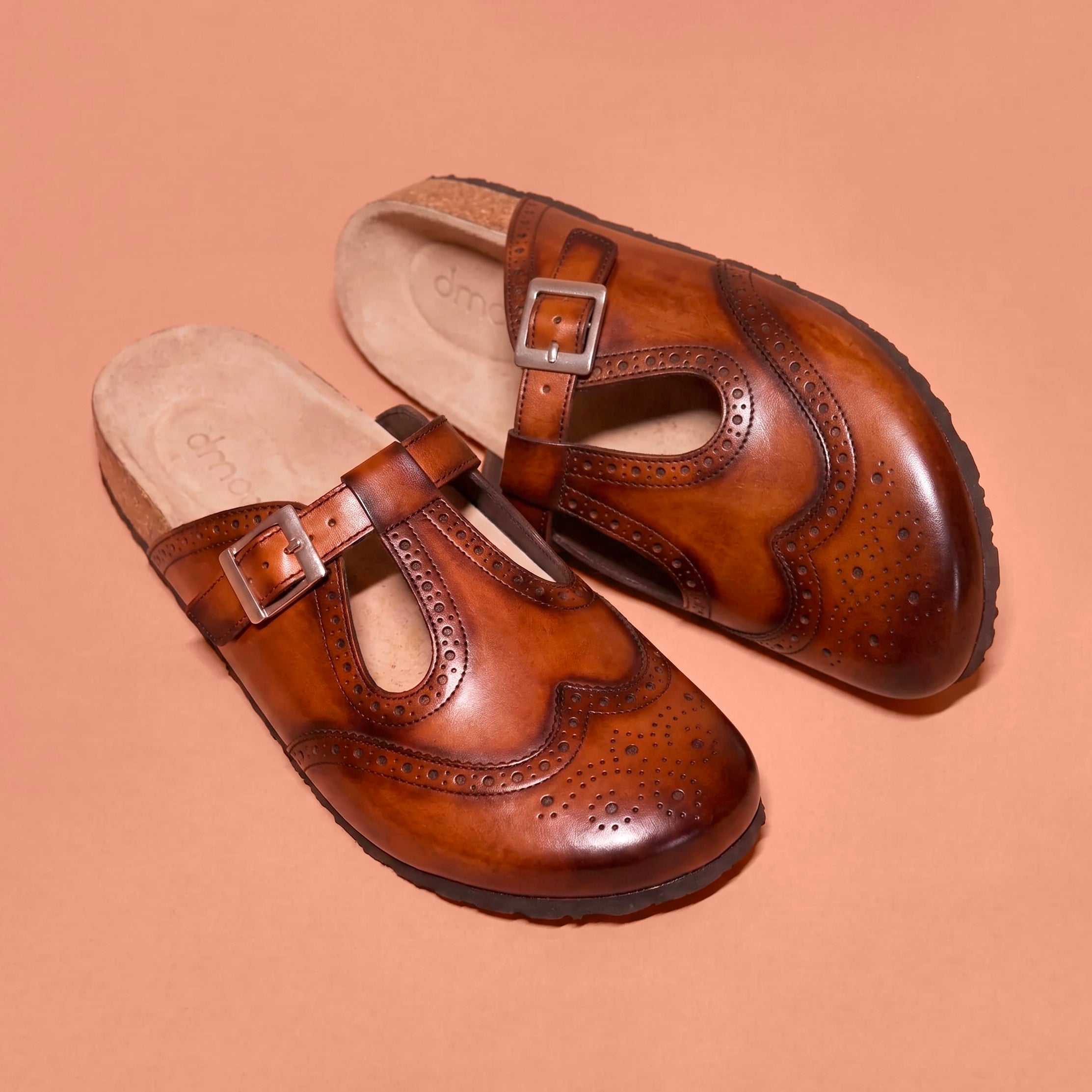 Corko Oxford Bruno burnished brown leather clog with brogue detailing and buckle strap