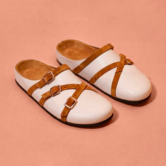 Corko Bianco Tanino white leather cork clog for men styled with summer and smart-casual outfits