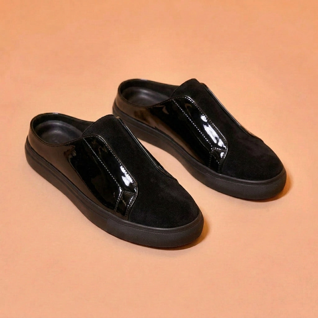 Black suede and patent leather sneaker mule for men