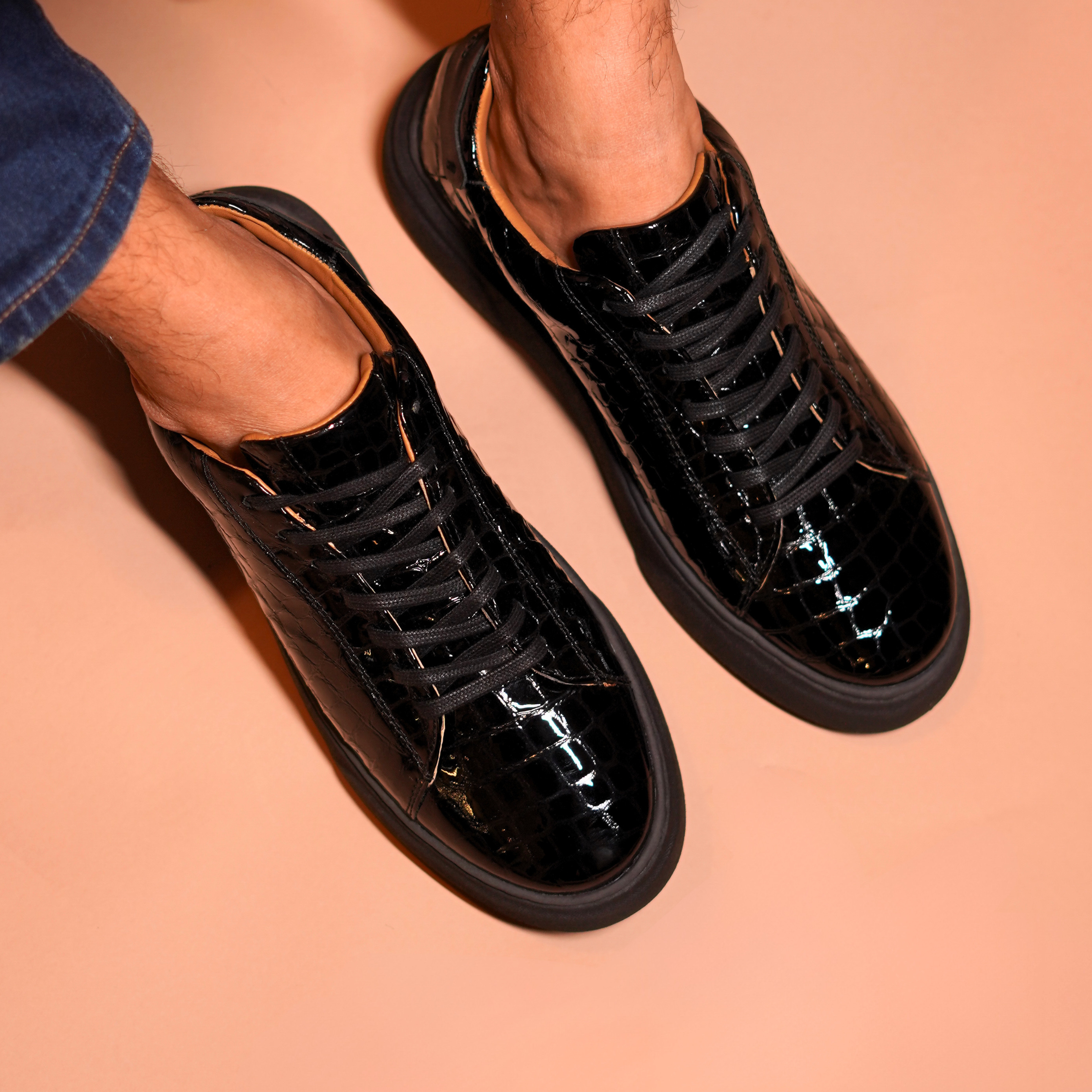 Croco | Black croc print leather sneakers