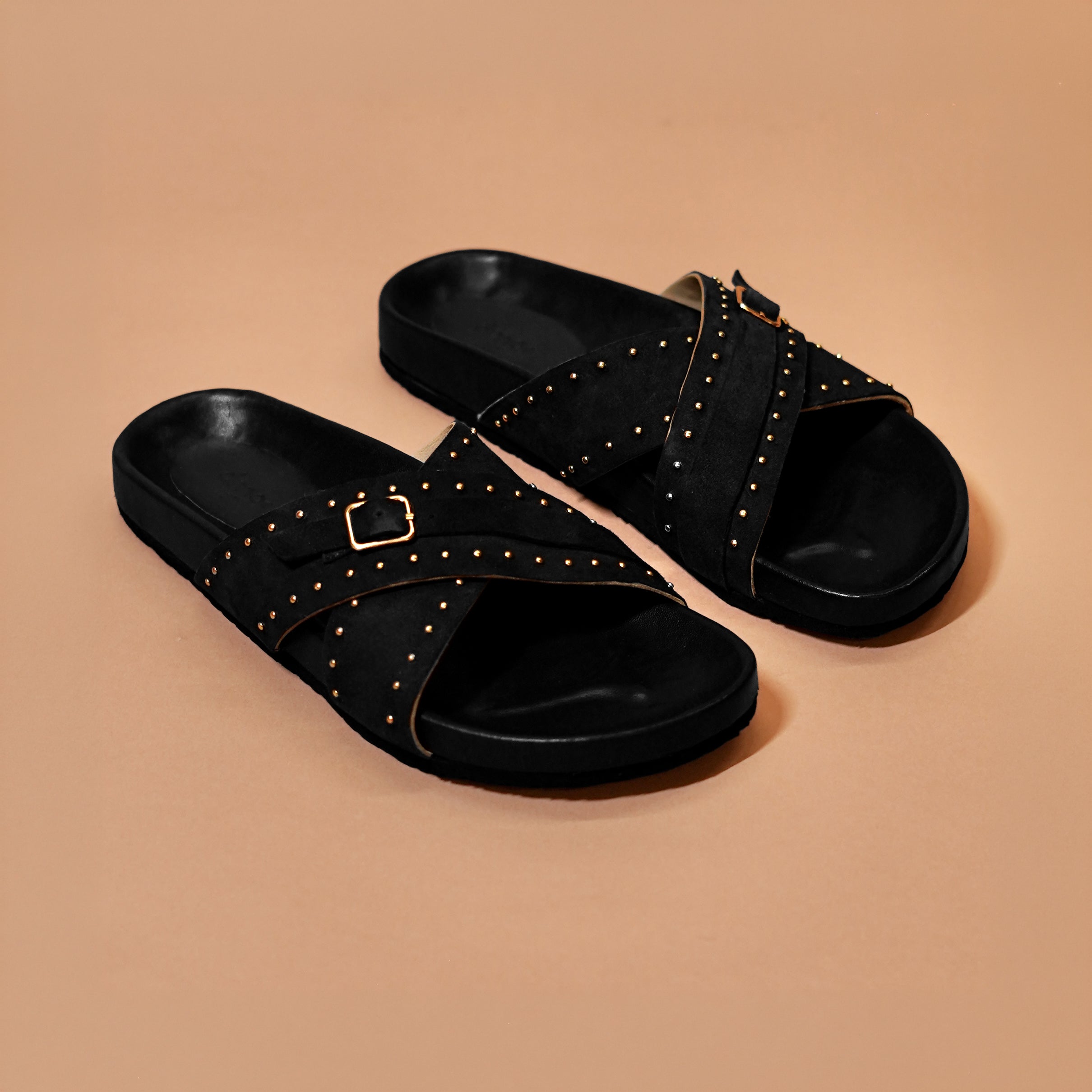 Corko Ferro Nero – Black Suede Cross Cork Sandals for Men