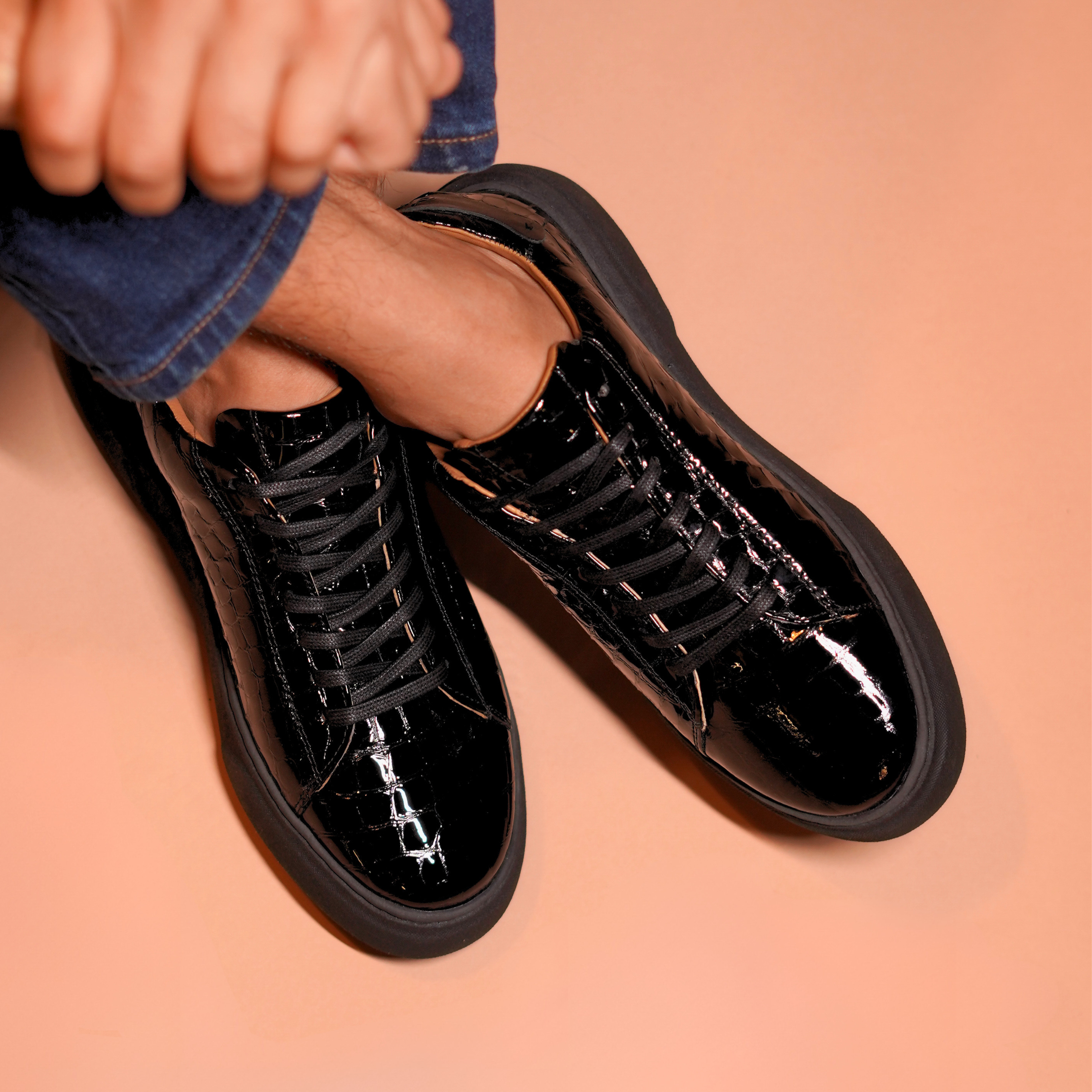 Croco | Black croc print leather sneakers