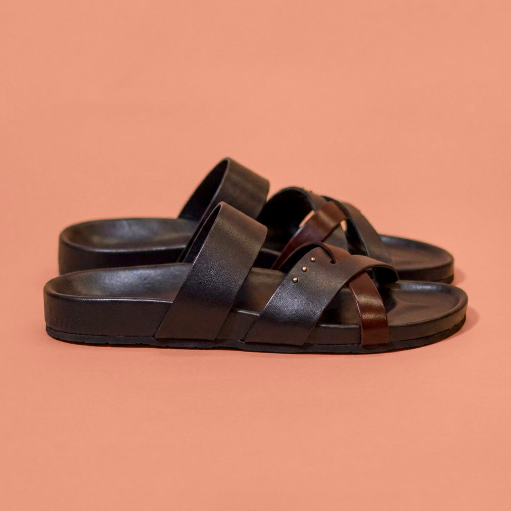 Corko Ombro Nero – Black & Brown Leather Cork Sandals for Men
