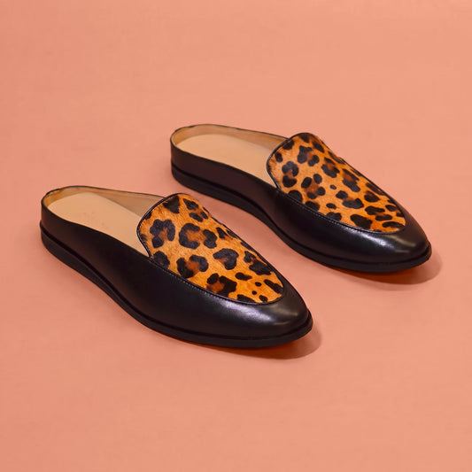 Hoffler Leopardo Nero black leather mule for men styled with formal and smart-casual outfits