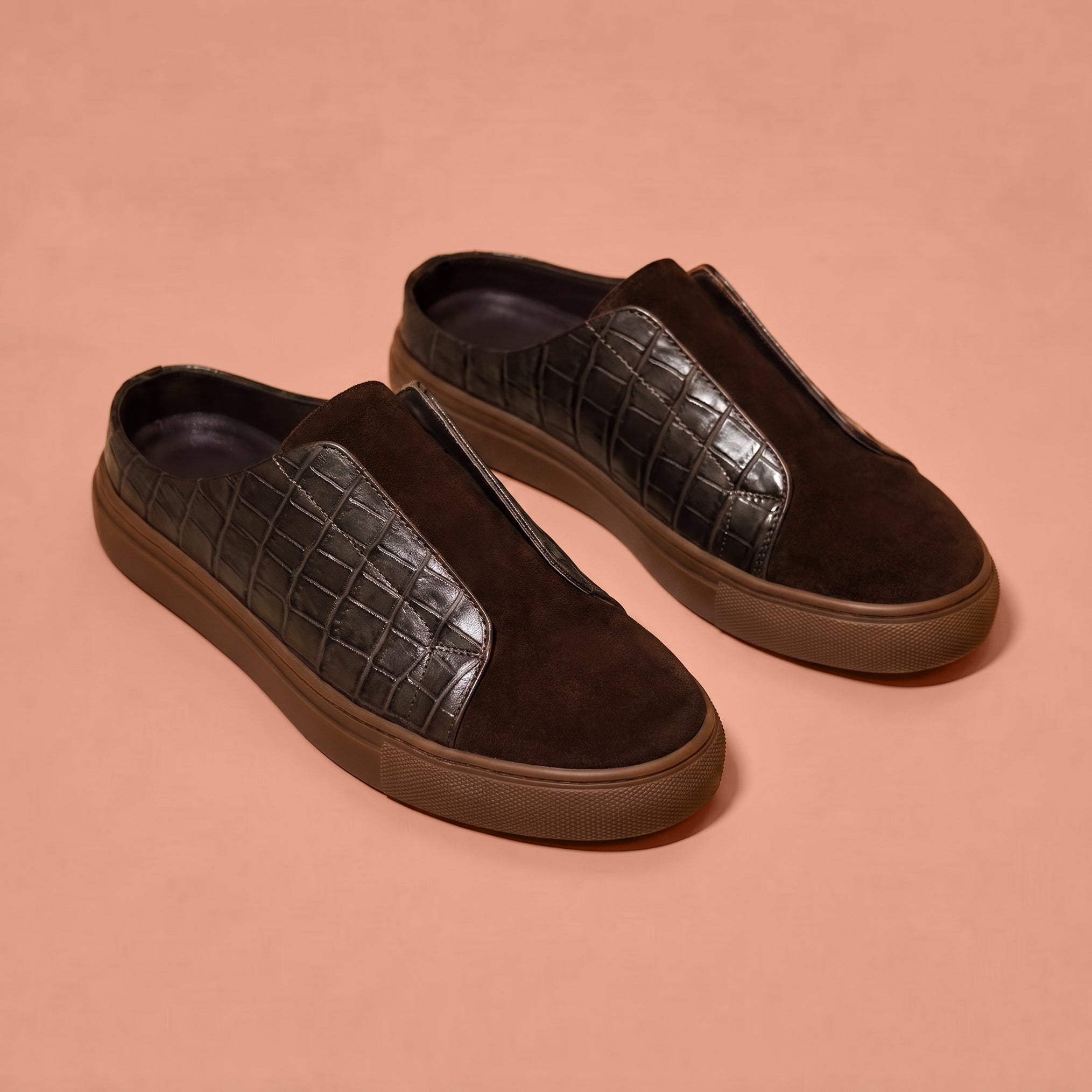 Bruno Croco – Dark Brown Patent Croc & Suede Sneaker Mule for Men
