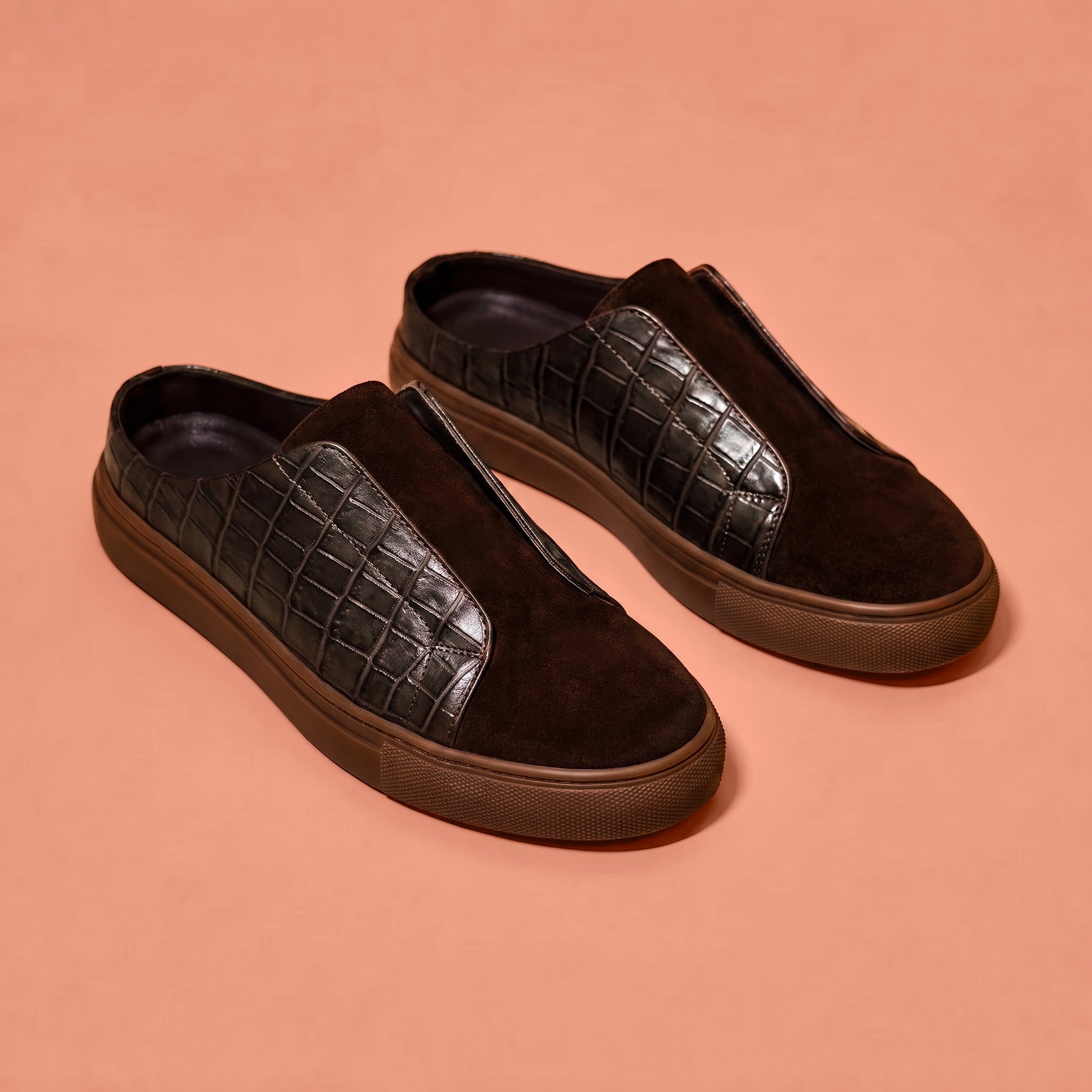 Bruno Croco – Dark Brown Patent Croc & Suede Sneaker Mule for Men