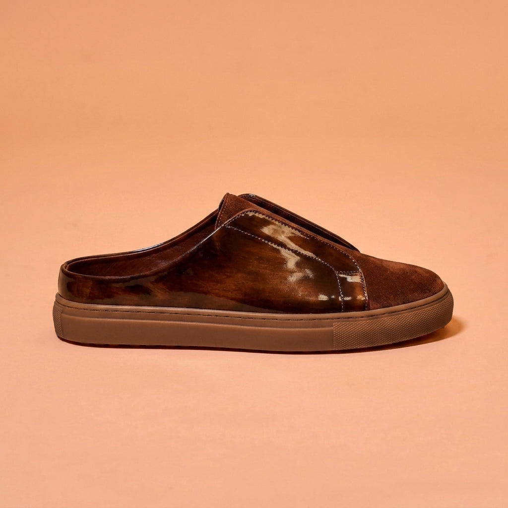 Brown suede and brush-off leather mule shoes
