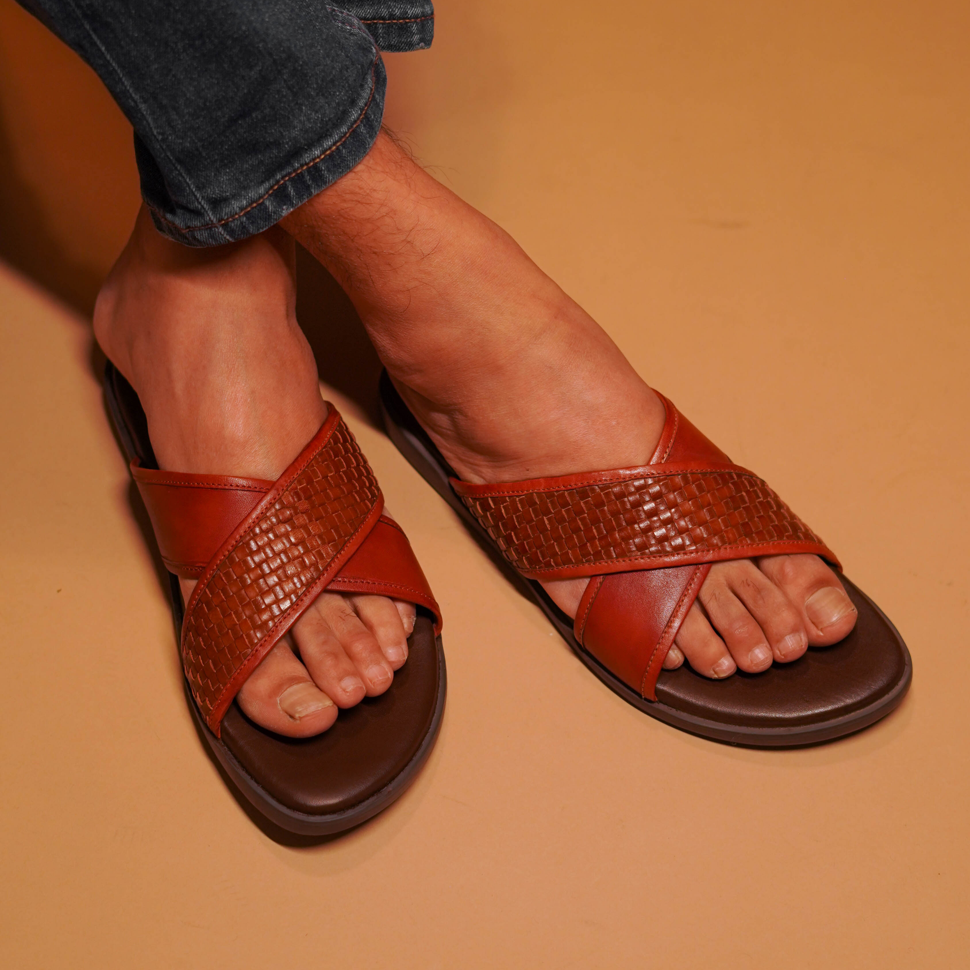 Pelle Tesso – Tan Woven Leather Sandal for Men
