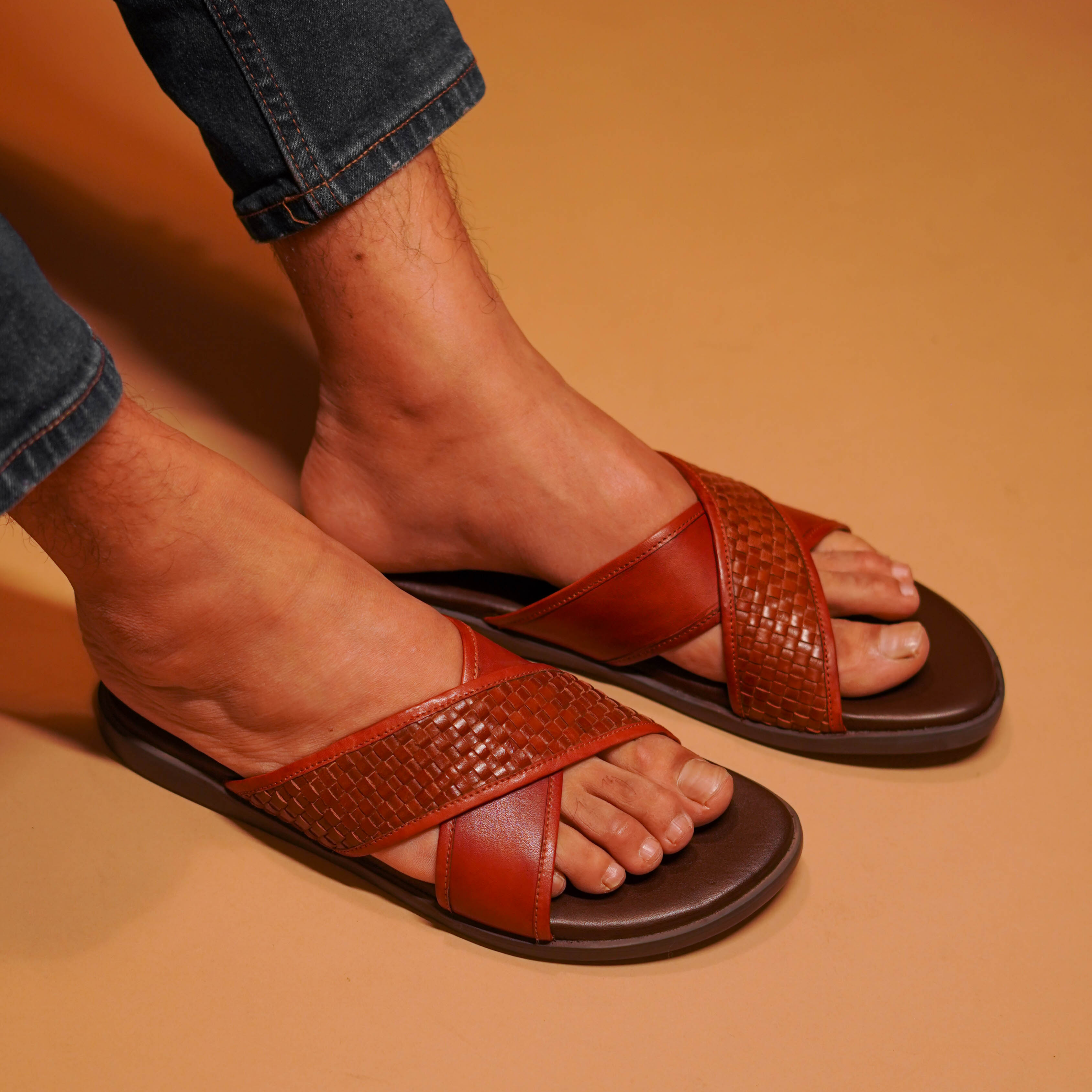 Pelle Tesso – Tan Woven Leather Sandal for Men