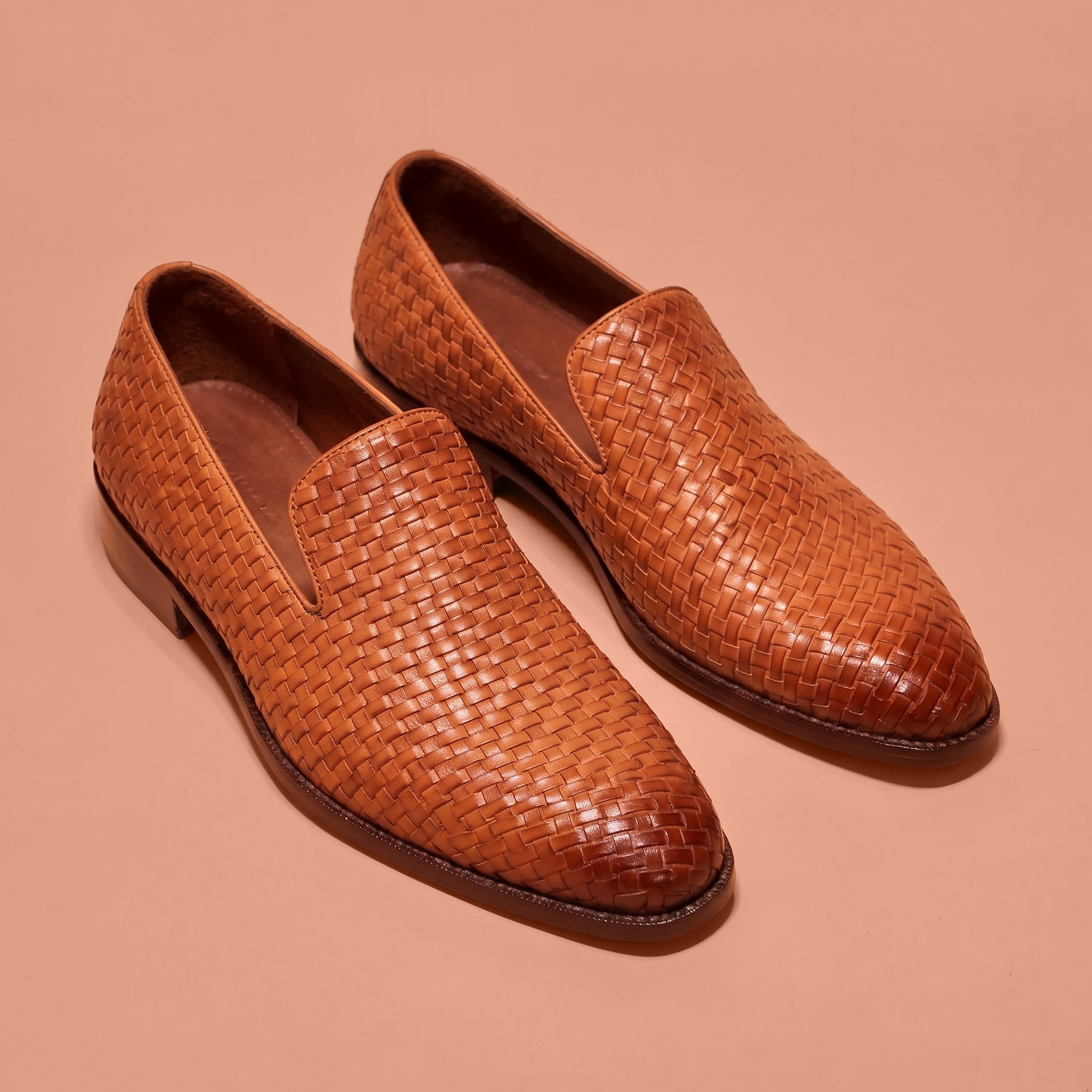Men's tan woven leather slip-on loafer styled for smart-casual wear
