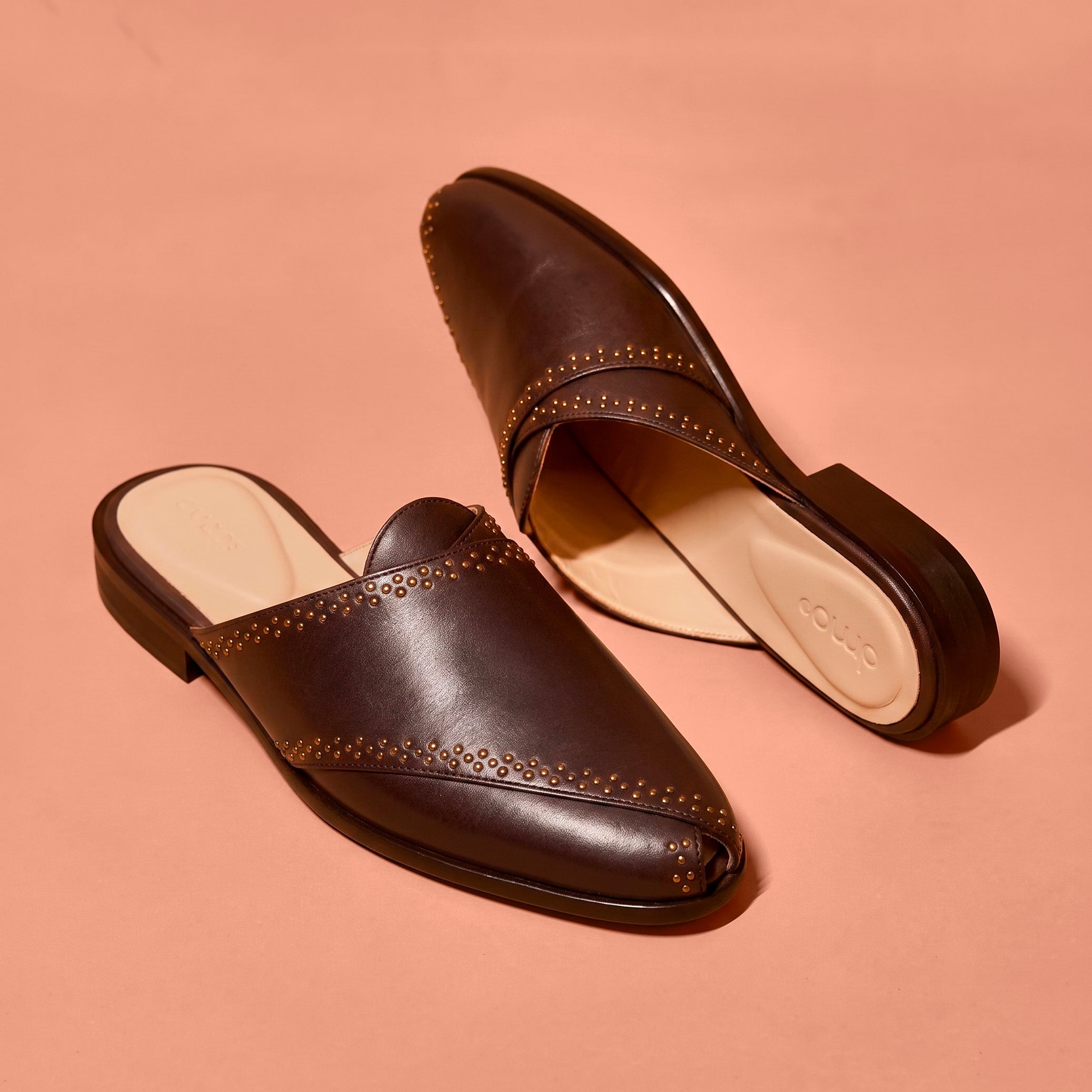 Hoffler Bruno Scuro dark brown leather mule for men with golden studs