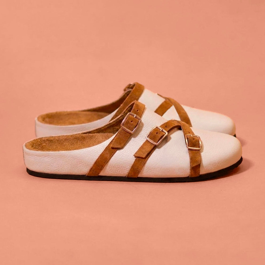Corko Bianco Tanino white genuine leather clog with tan adjustable straps and cork footbed