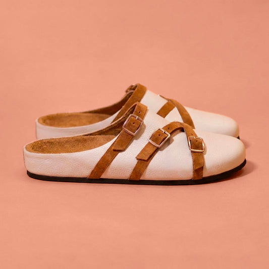 Corko Bianco Tanino white genuine leather clog with tan adjustable straps and cork footbed