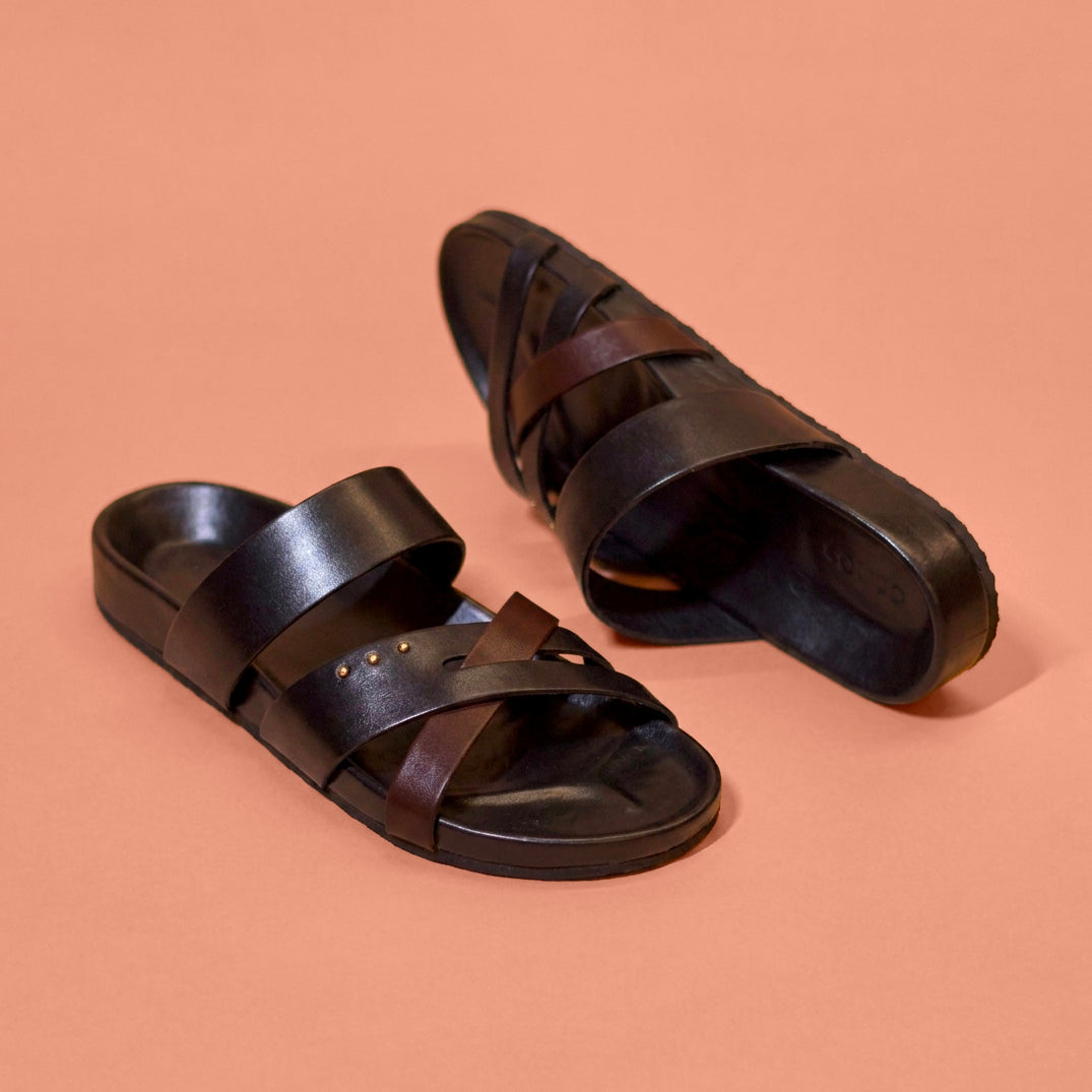 Corko Ombro Nero – Black & Brown Leather Cork Sandals for Men