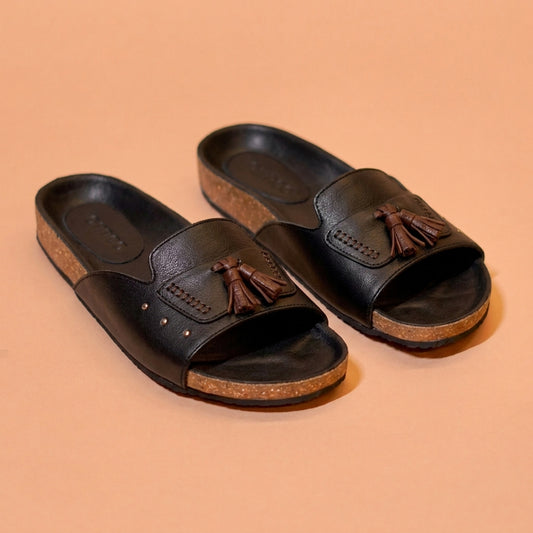 Black leather cork slider for men
