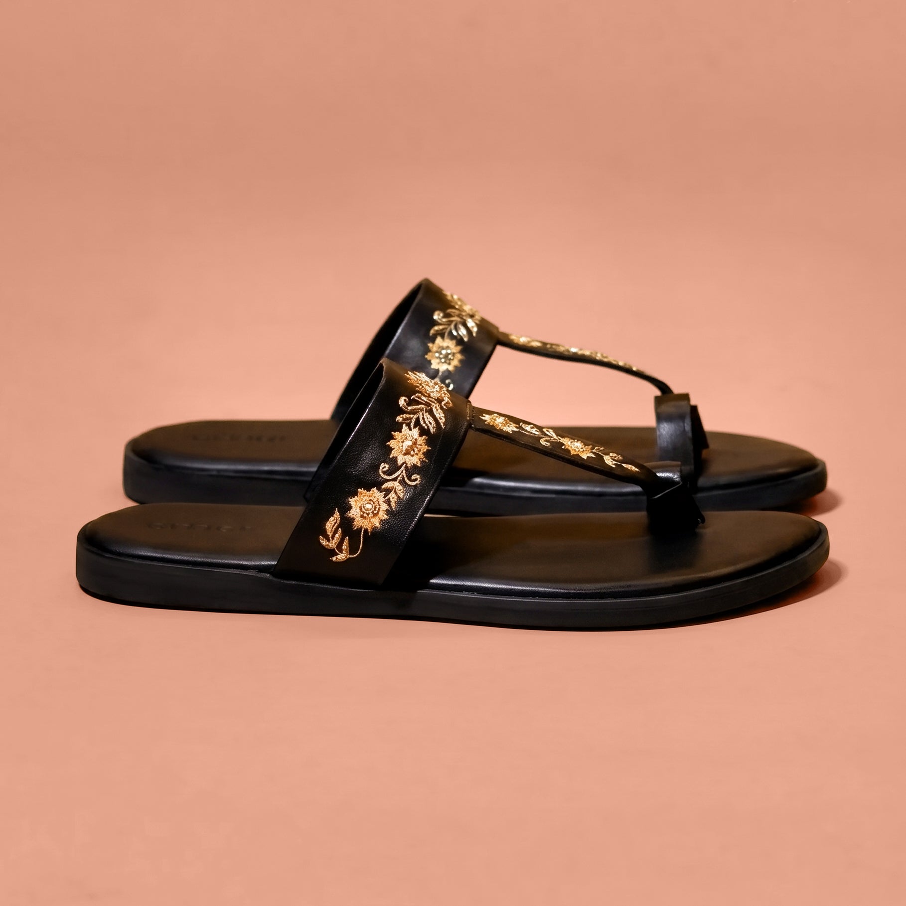 Golden floral embroidery leather chappal