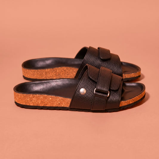 Corko Nero Scuro black pebbled leather sandal with silver rivet detailing