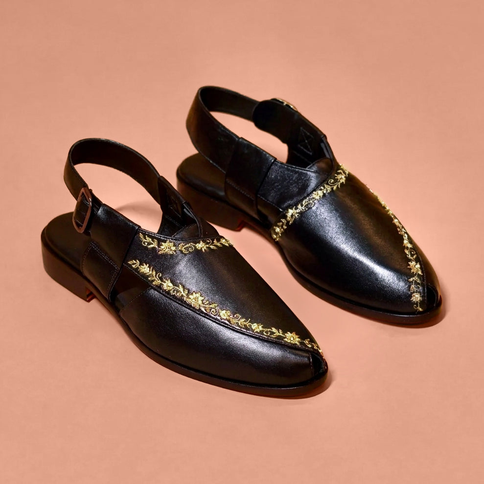 Pesha Ricamo Nero – Black Embroidered Leather Peshawari for Men
