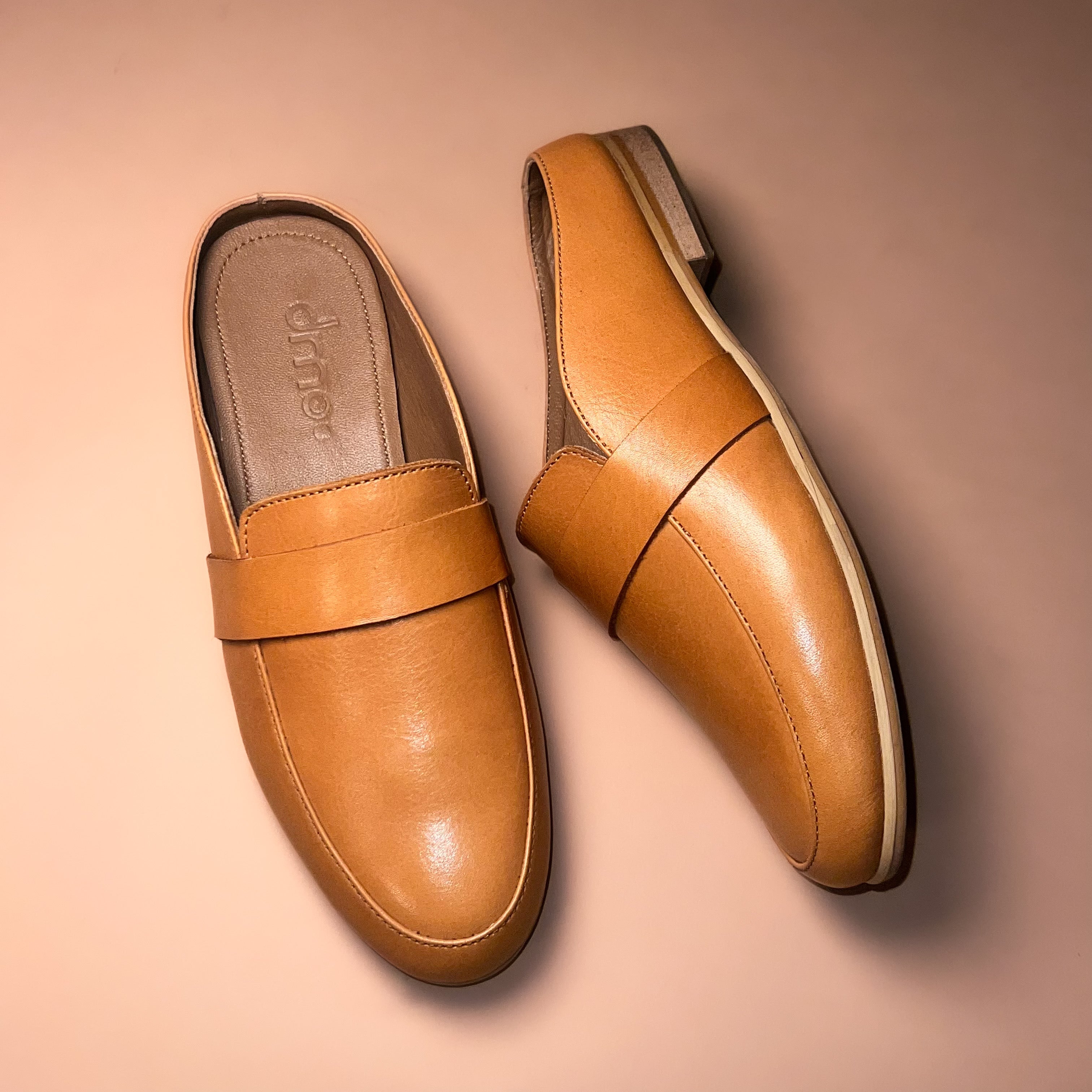Women's tan leather mules by dmodot - Comfortable office footwear with full-bodied front, chic vamp, and memory cushion.