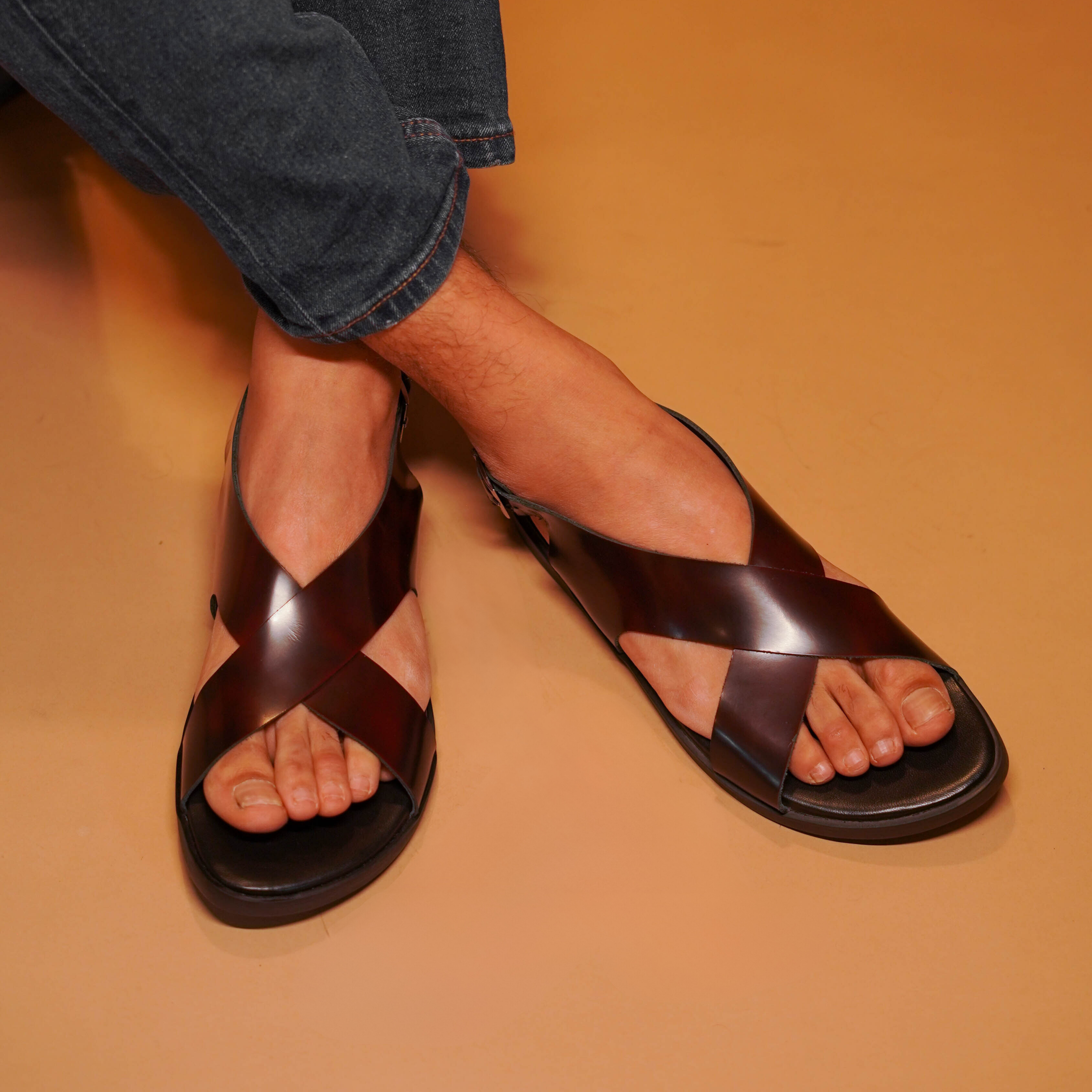 Pelle Nera Borgogno – Cherry Brush-Off Leather Sandal for Men