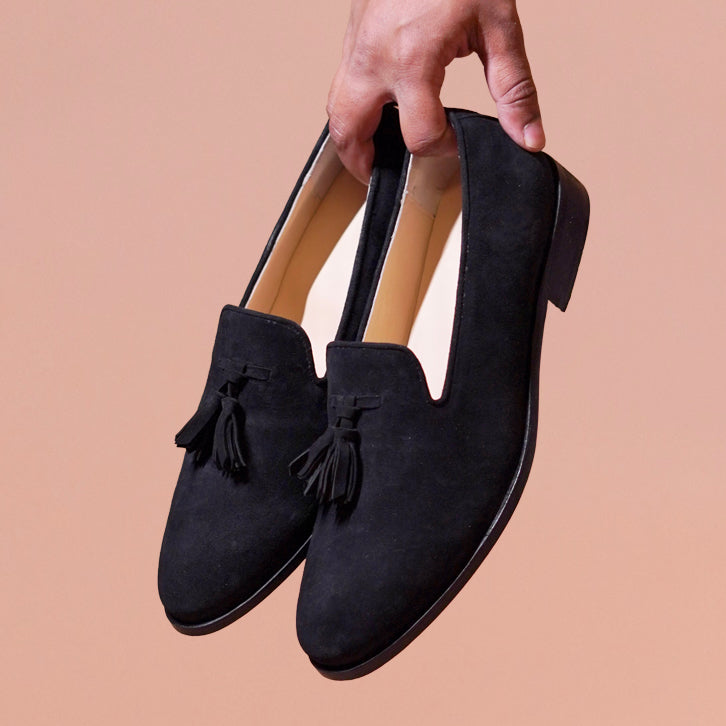 Fascino | Black Suede classic tassel loafers with anti-skid leather sole